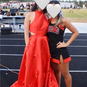 Sherri Hill Vibrant Red Prom Dress with Floral Details